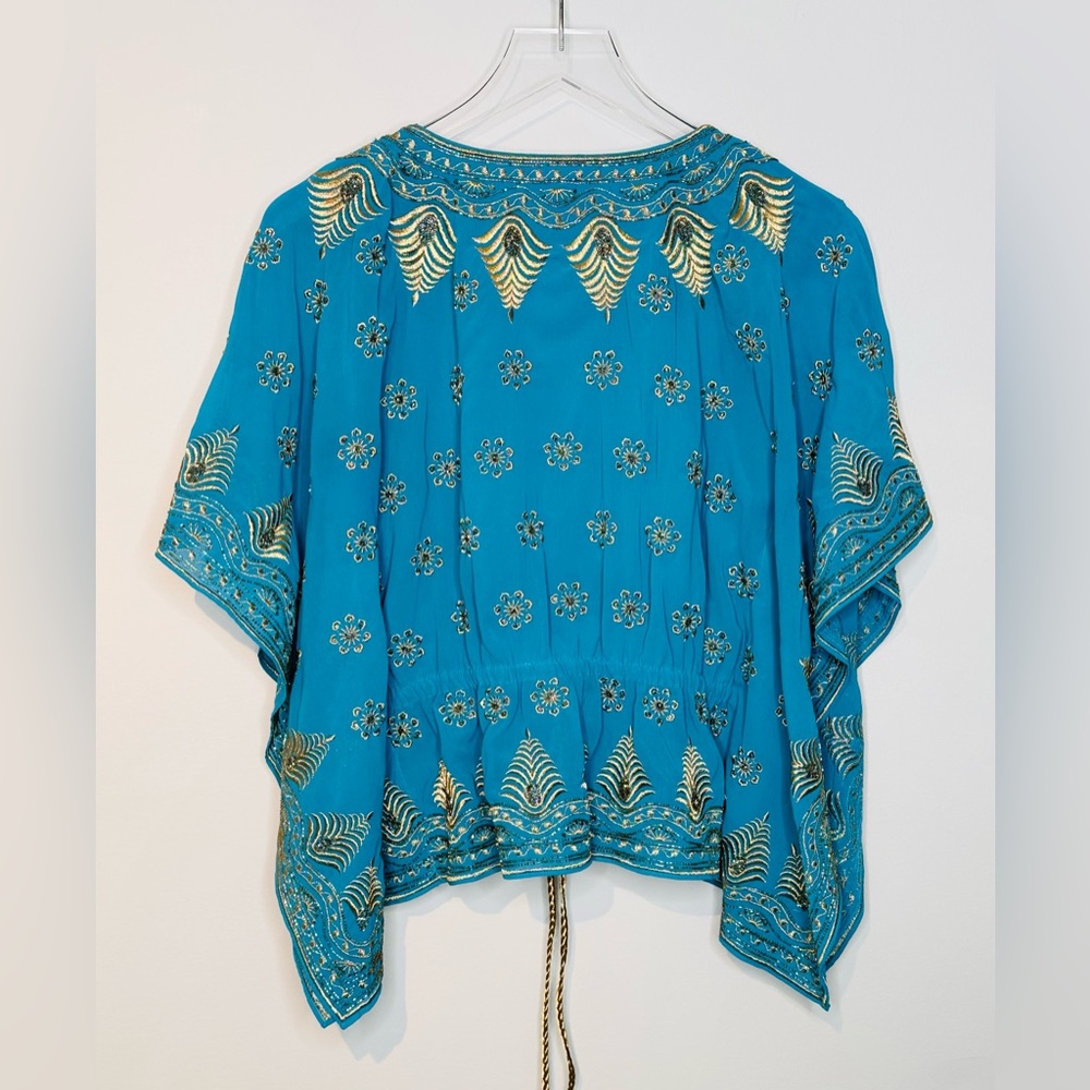 Alice + Olivia Sharita Blue Green Teal Gold Embroidered Drawstring Top Blouse - Picture 5 of 15